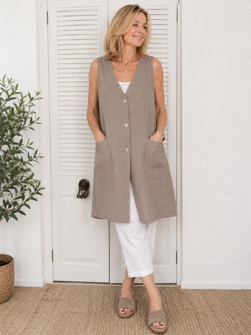OSKA 100% Linen Taupe Long Vest Duster Midi Jacket Pockets Minimalist Sz 2 reg